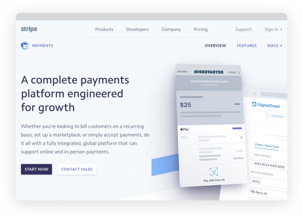 Пример страницы Услуги/Продукты — stripe.com/payments