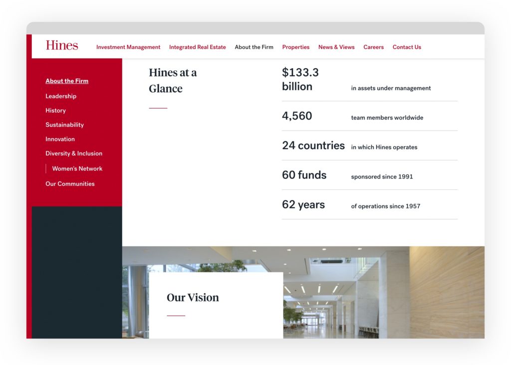 Пример страницы О компании — hines.com/about